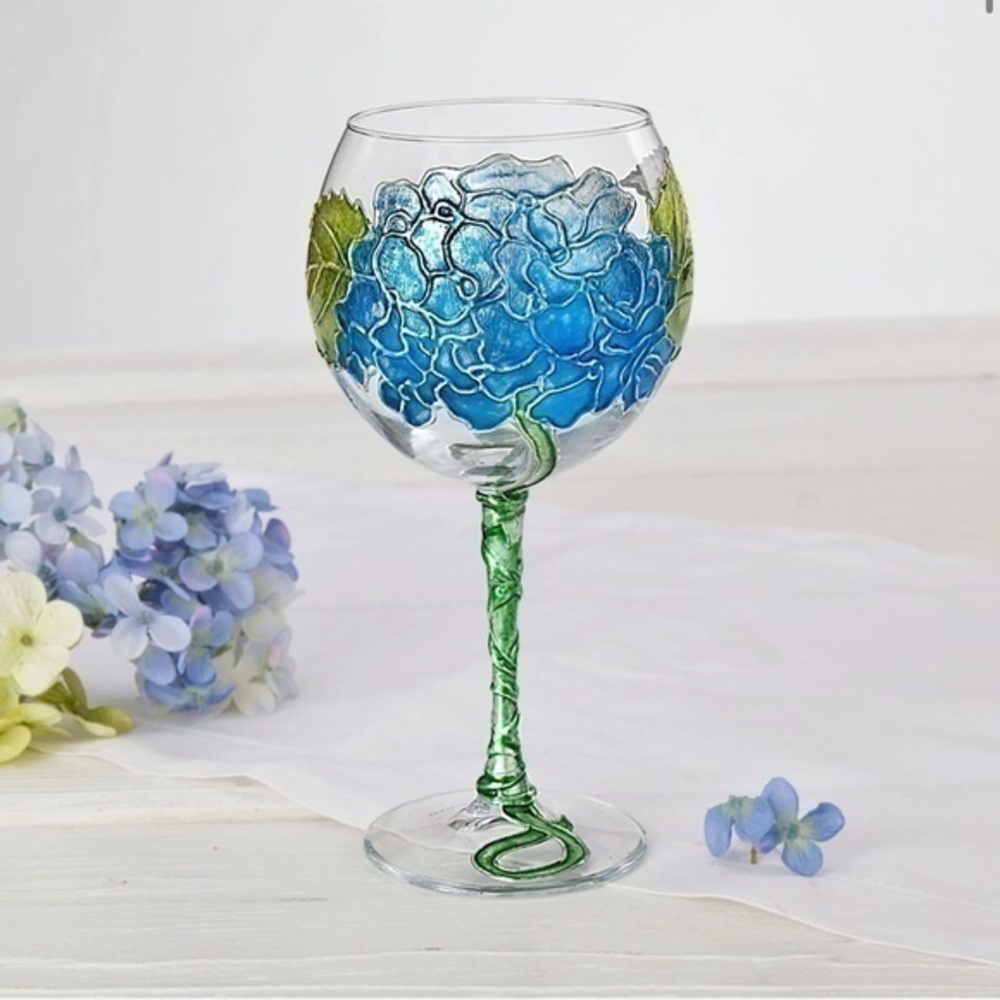Uno valla Volta Hand-Gilded Blue Hydrangea Wine Glass OS Made in Italy